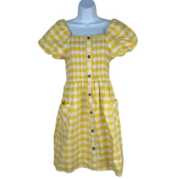 Yellow Gingham Smocked Button Down Square Neck Dress Puff Sleeves & Pockets XL - Picture 1 of 6